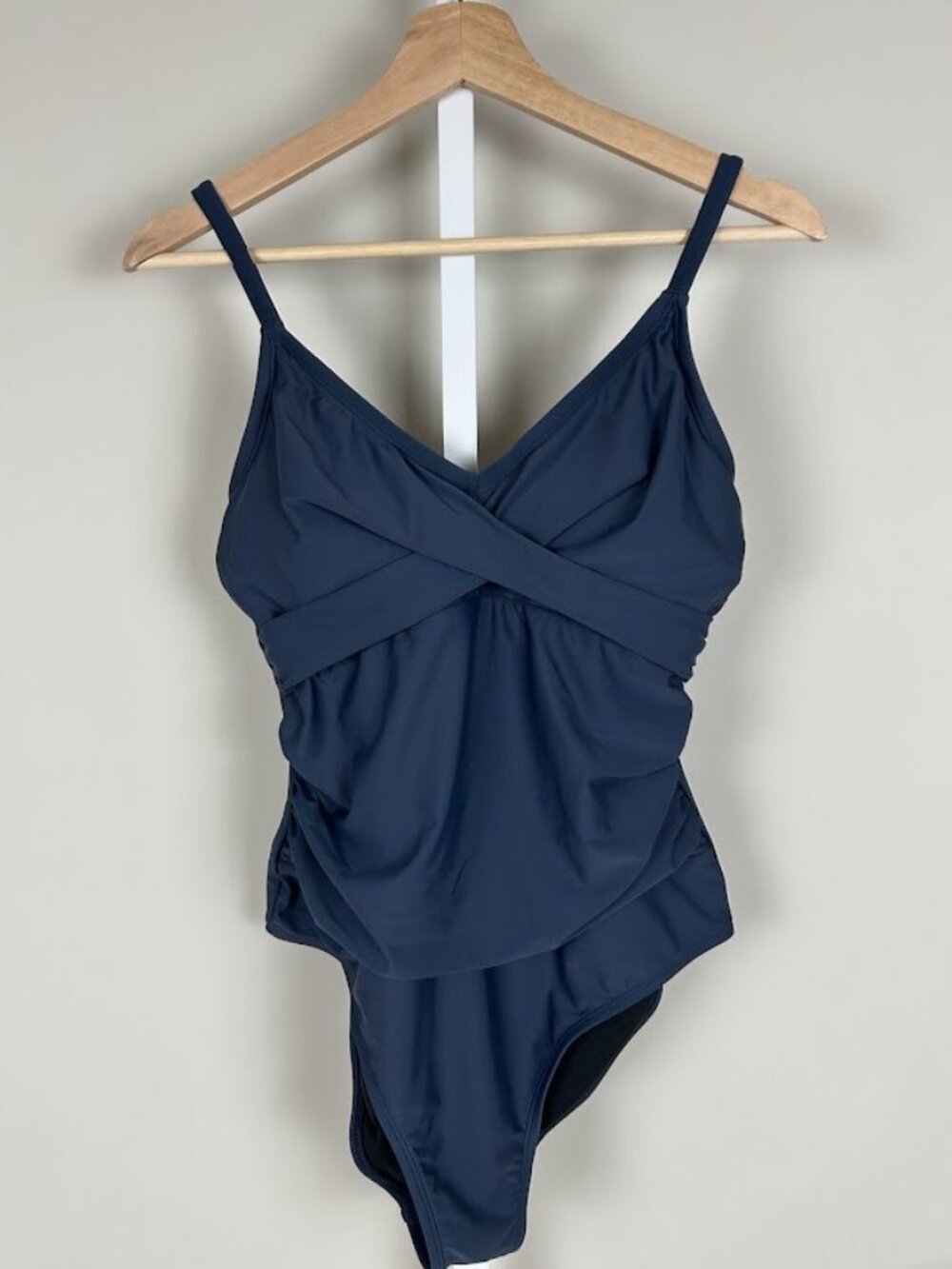 Cupshe Wrap V-Neck Ruched One Piece Bathing Suit Solid Navy Blue 0X NWT